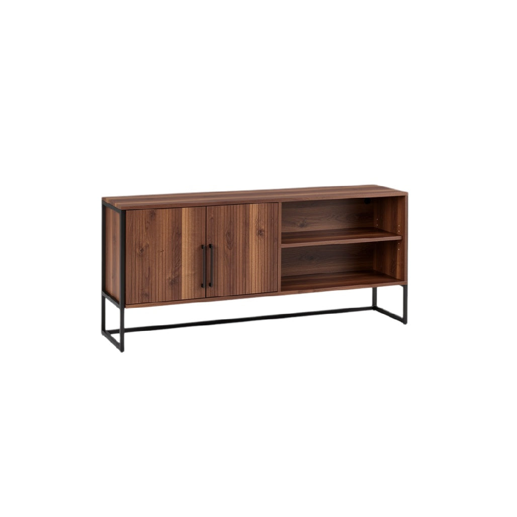 Modern Wooden Media Console with Open Shelves and Cabinet Storage